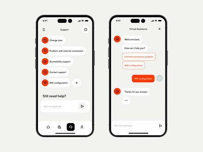 Internet app app bold chat clean design faq help interface internet layout message minimal net orange plan question ui ux virtual