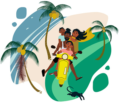 A large family goes on a picnic/ ocean adventure animals app beach cat character children dog family flat human illustration illustration for book journey people sun vector web weekend