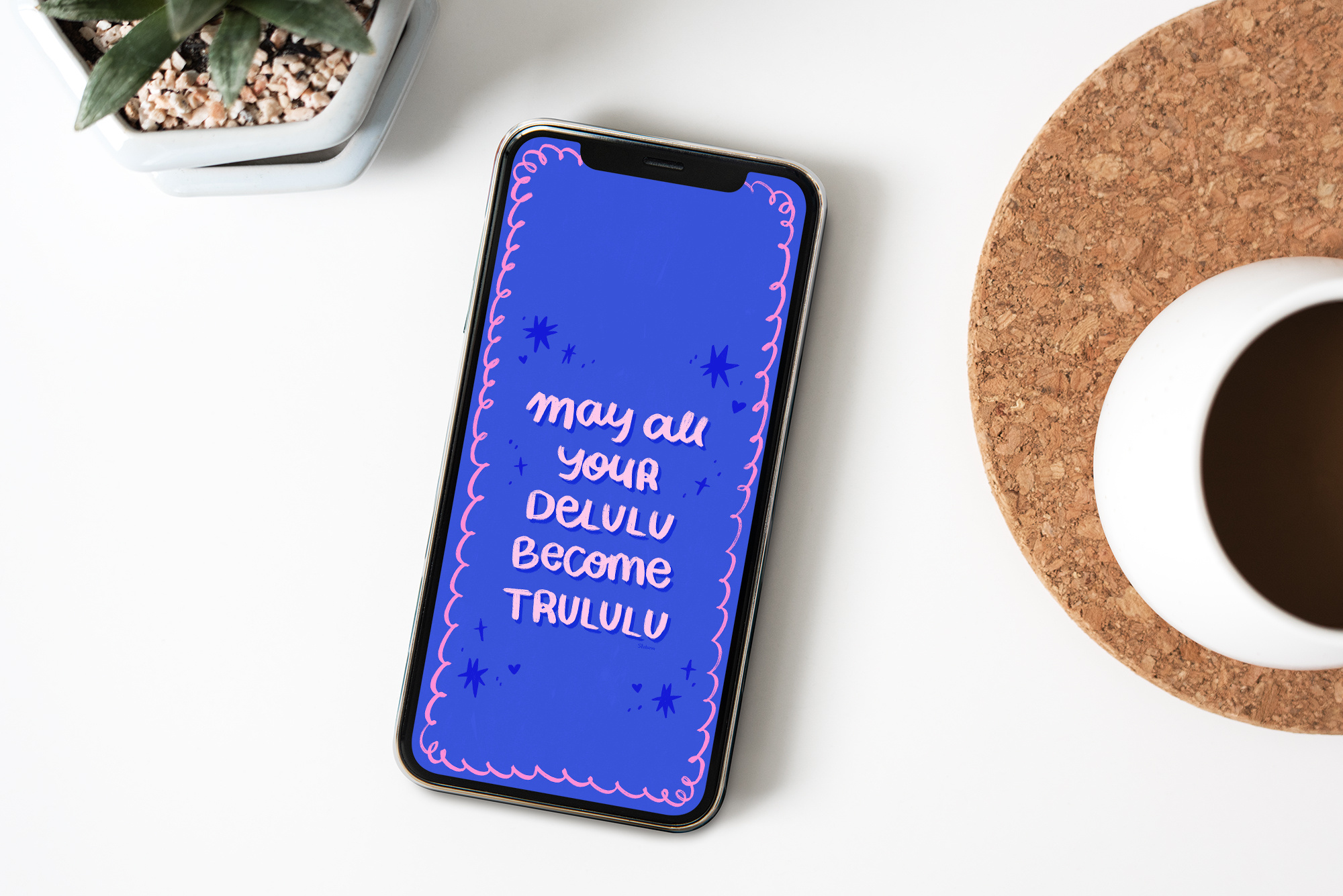 Funny Phone Wallpaper and Print Design blue bold bright colorful delulu digital art digital artwork digital drawing digital illustration digital lettering funny gen z hand lettering illustration iphone lettering mock up stars typography wallpaper