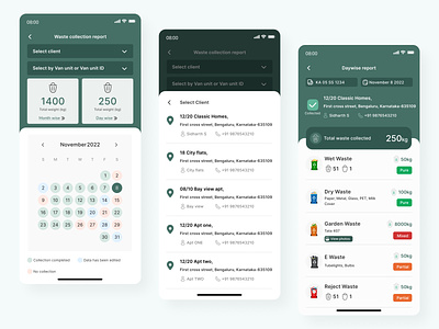 Waste Management App address details address list android business app dashboard design eco friendly ios mobile app product design react native real world apps report ui ui design ux waste collector waste management waste types weight calculation
