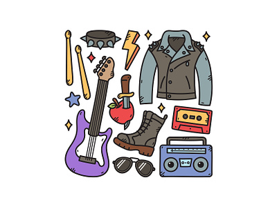 Rocker Doodle Set boots cute doodle guitar illustration jacket music rocker vector