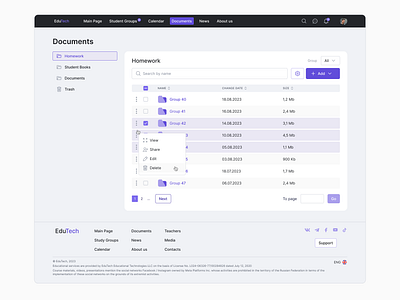 Homework Table with folders // EduTech crm documents education files folders interface intranet modal product product design rows side menu table toolbar trash uidesign