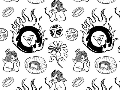 Fickle Love 8 ball angel black and white cherub daisy devil dice drawing flames flower hand drawn handdrawn illustration love magic eight ball pattern petals ring romance sees candy