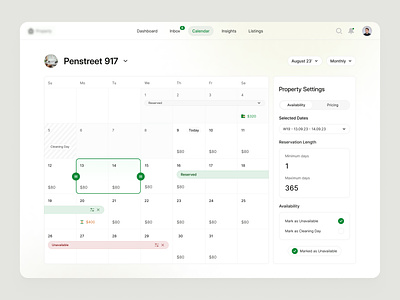 Property Management Calendar app booking calendar clean dashboard data dates everyway filter icons list management navigation property reservation schedule sidebar ui ux web