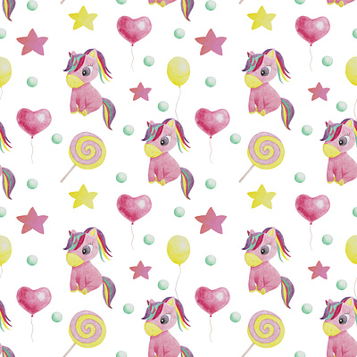 Seamless pattern of baby unicorn and other kids elements children cute design graphic design handmade heart illustration kids logo lolly pattern pink seamless star unicorn violet watercolor yellow