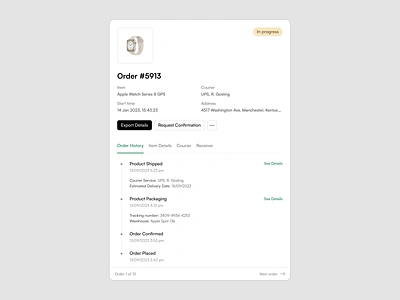 Order Details - Shipment Tracker badge card clean design system details history modal order page pagination shipment sidebar status tabs thumbnail timeline tracker ui ux widelab