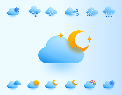 Frosted Glass Weather Icons | Glass Morphism assets cloud components design system figma glassmorphism graphic design icon design icon library icon pack icon set icons ui weather weather icons
