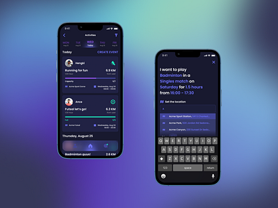 Feed — Smart Suggestions activities ai app artificial intelligence cards chat feed futuristic glassmorphism ios location map neon schedule smart suggestions sport ui ux