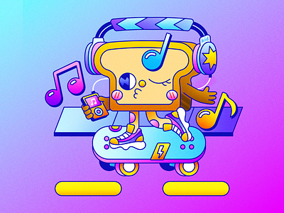 Jammin' bread character design colorful cute design flat fun headphones illustration illustrator jamming out kawaii kawaii aesthetic listening to music music skateboard sneakers toast vector y2k