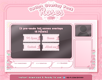 Twitch Overlay Pack "Roses" 🌹🌙 cute stream overlay cute twitch design stream stream graphics stream overlay twitch twitch design twitch graphics