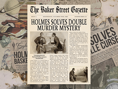 Sherlock Homes - Baker Street Gazette baker street crime design designer detective graphic design historic history holmes magazine design murder news newspaper novels old sherlock sherlock holmes textures ui ux