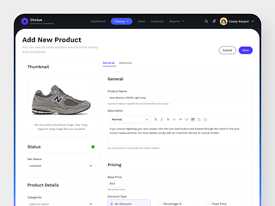 Circlue - eCommerce Add New Product add new product dashboard ecommerce ecommerce dashboard field form general manage marketplace online store pricing product product design product details sales shopify status ui uiux ux