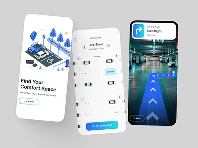 Parker App app assistant booking car design digital driving gps illustration layout location minimalist parking rent ride route tracking ui ux vehicle