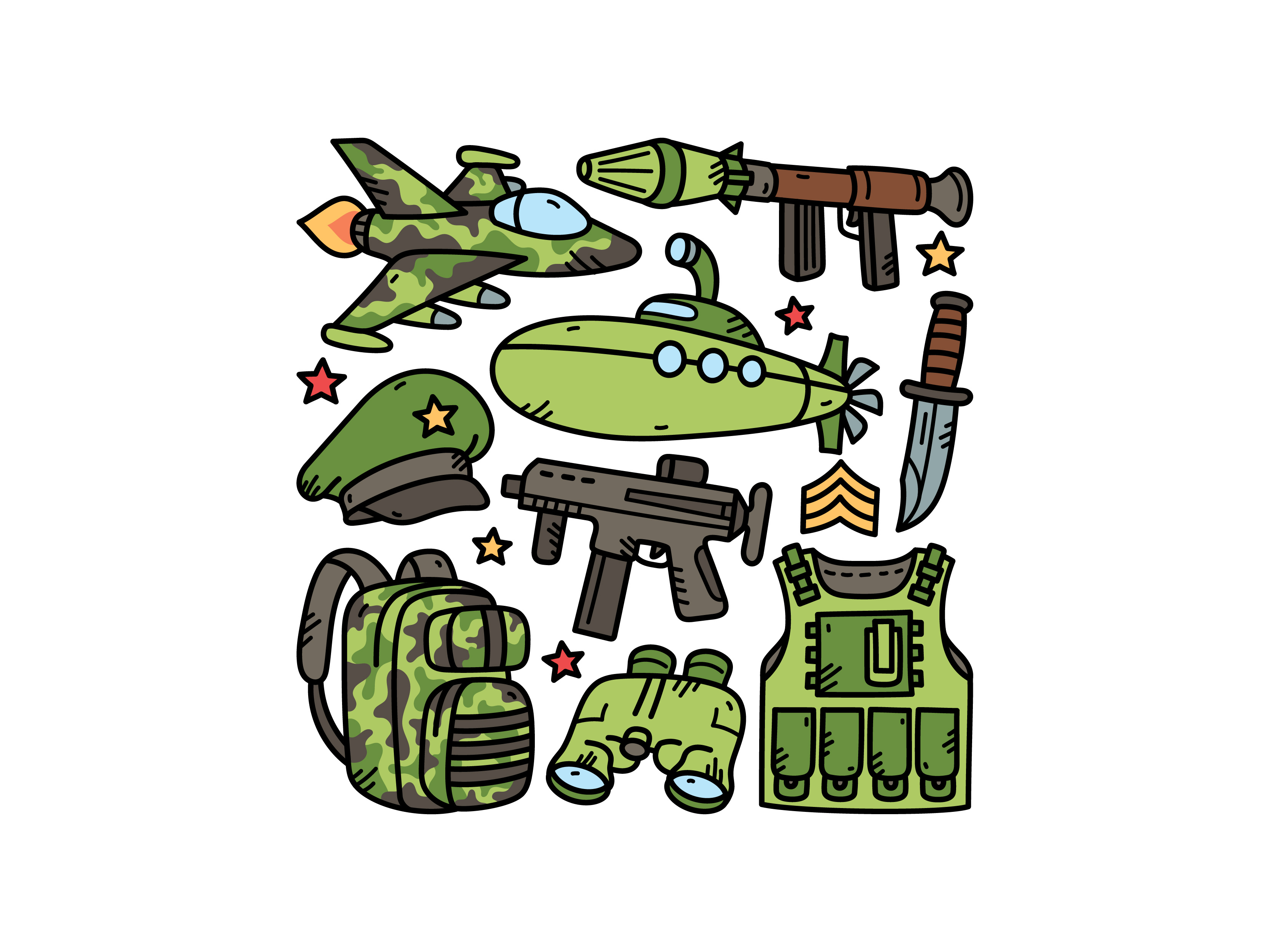 Military Doodle Set cute doodle fighter gun hatmilitary illustration military submarine vector