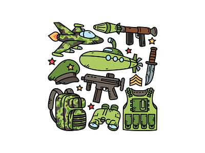 Military Doodle Set cute doodle fighter gun hatmilitary illustration military submarine vector
