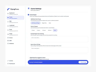 Cache Settings checkboxes cta form navigation radio buttons settings sidebar ui ui design ux ux design web app web design