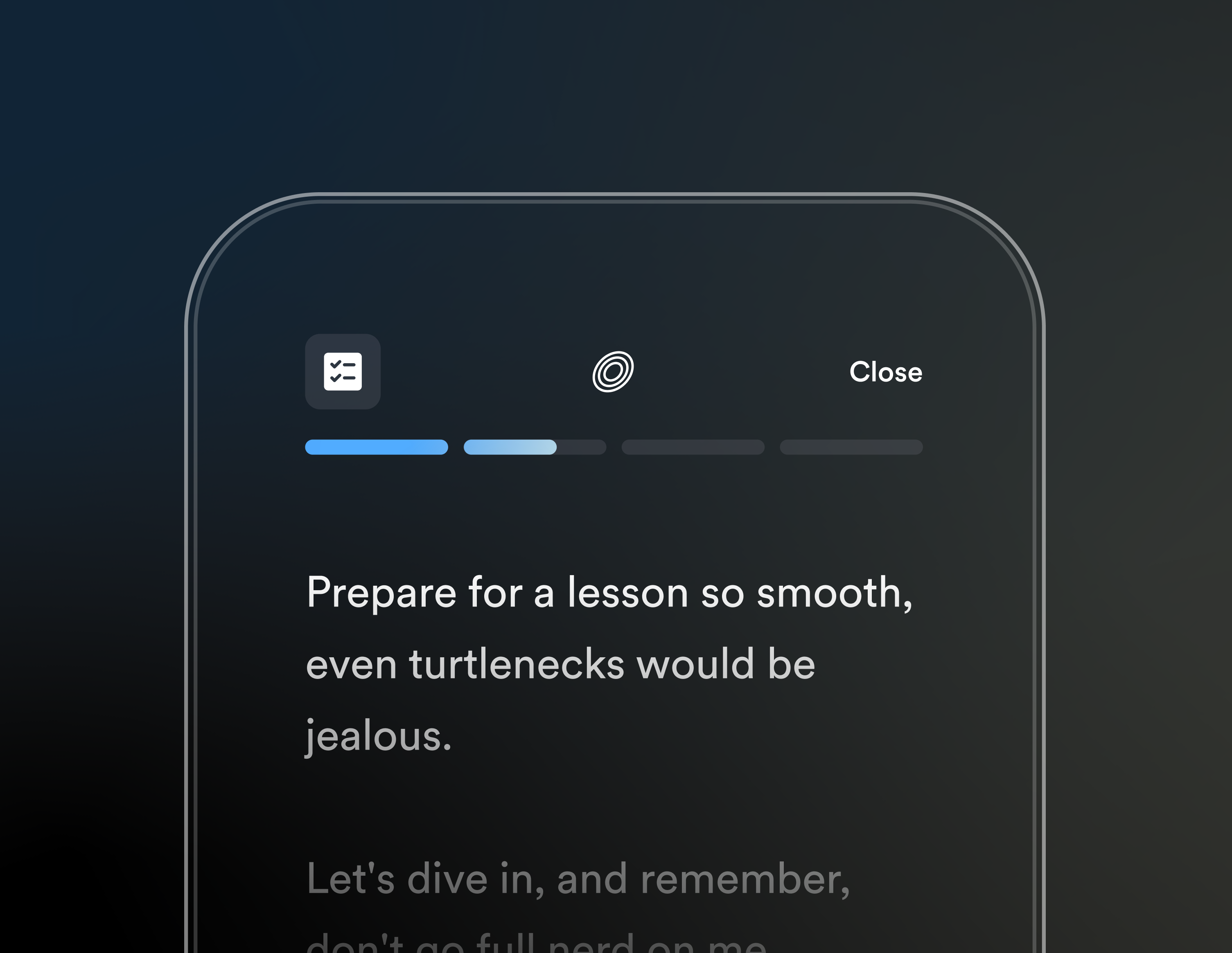 AI lesson ui ai app app design bar close dark design gradient icons ios language learning lesson mode only progress simple text ui ux