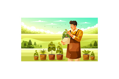 Young Gardener Taking Care of Plants Illustration young