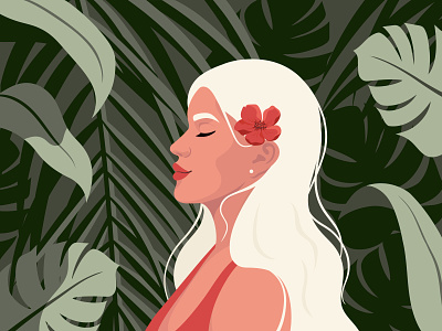 Tropic beautiful blonde character flower in hair flowers girl illustration jungle palm plants red summer tropic tropical leaves vector