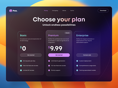 Pricing for Poe landing page apple button card clean design glass minimal plan plans pricing pricing table ui ui design ui element user interface ux ux design vision vision pro web design
