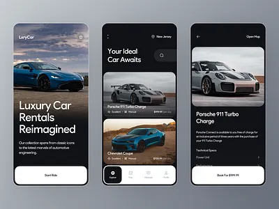 LxryCar app design booking car car rent service cars rent clean ui dark theme interface luxury car rent minimal mobile app design mobile design mobile ui premium cars rent a car rental app rental company super car rental ui ui design ux design