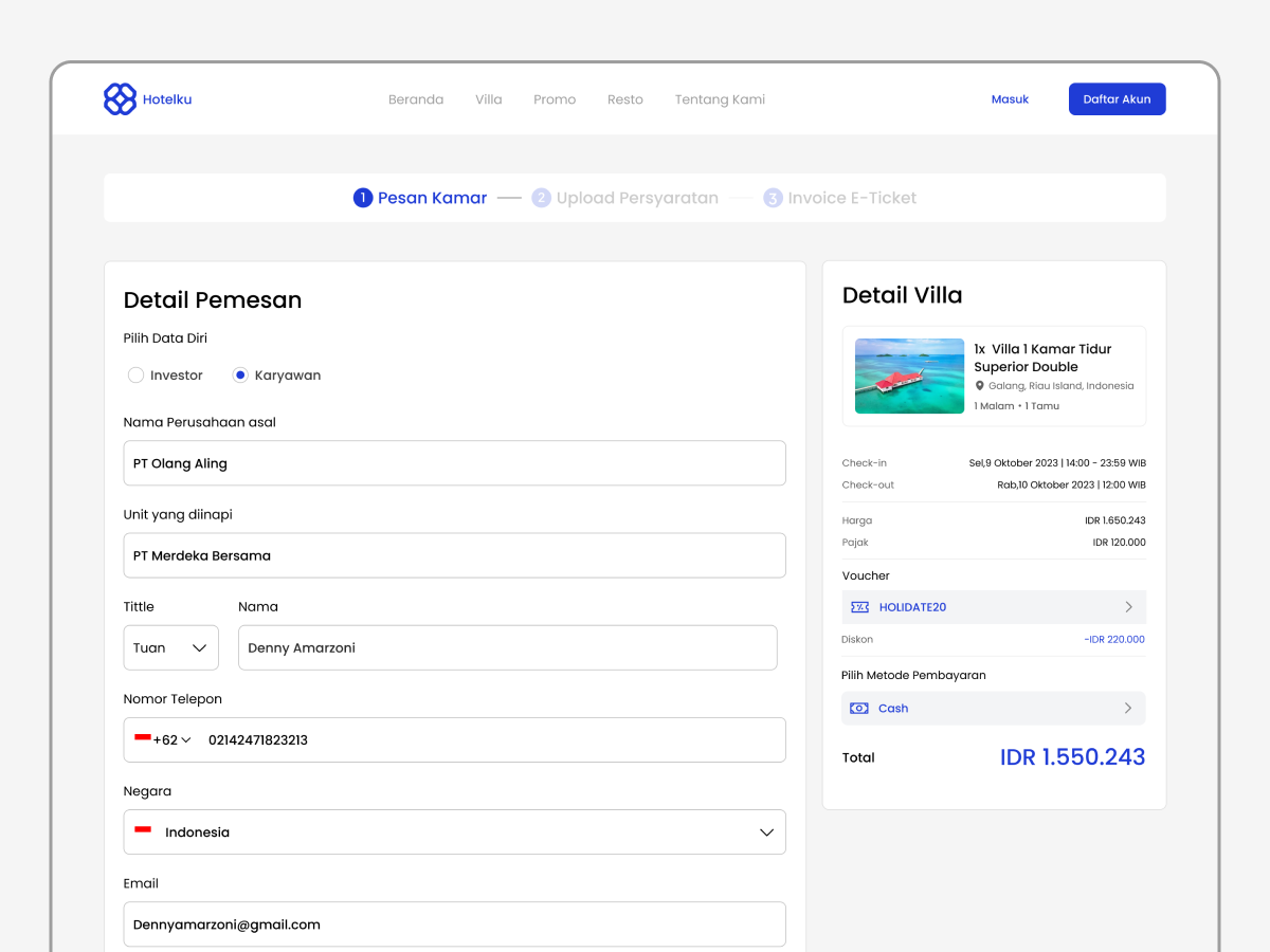Confirmation Form Booking Hotel - Hotelku Website cleandesign design exploration formdesign hotelweb ui uidesign uiux userinterface web website