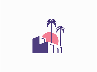 Building and Palm Trees Logo app branding design geometric hotel identity illustration logo mark modern music negative space palm resort symbol travel trees tropical vacation vector