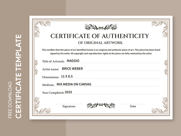 Certificate of Authenticity Free Google Docs Template by Free Google ...