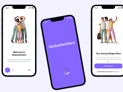 Onboarding Screens for Travel Mobile App app app design blue branding color palette design figma illustration information architecture mobile app onboarding purple splash screen travel ui ui design uiux user interface userexperience ux design