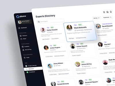 QSpace expert directory app card dashboard expert list mentor menu perspective startup system ui users ux website