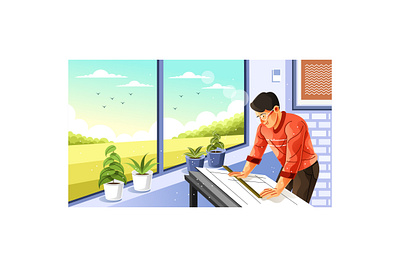 Young Male Interior Design Drawing in Home Illustration decorating
