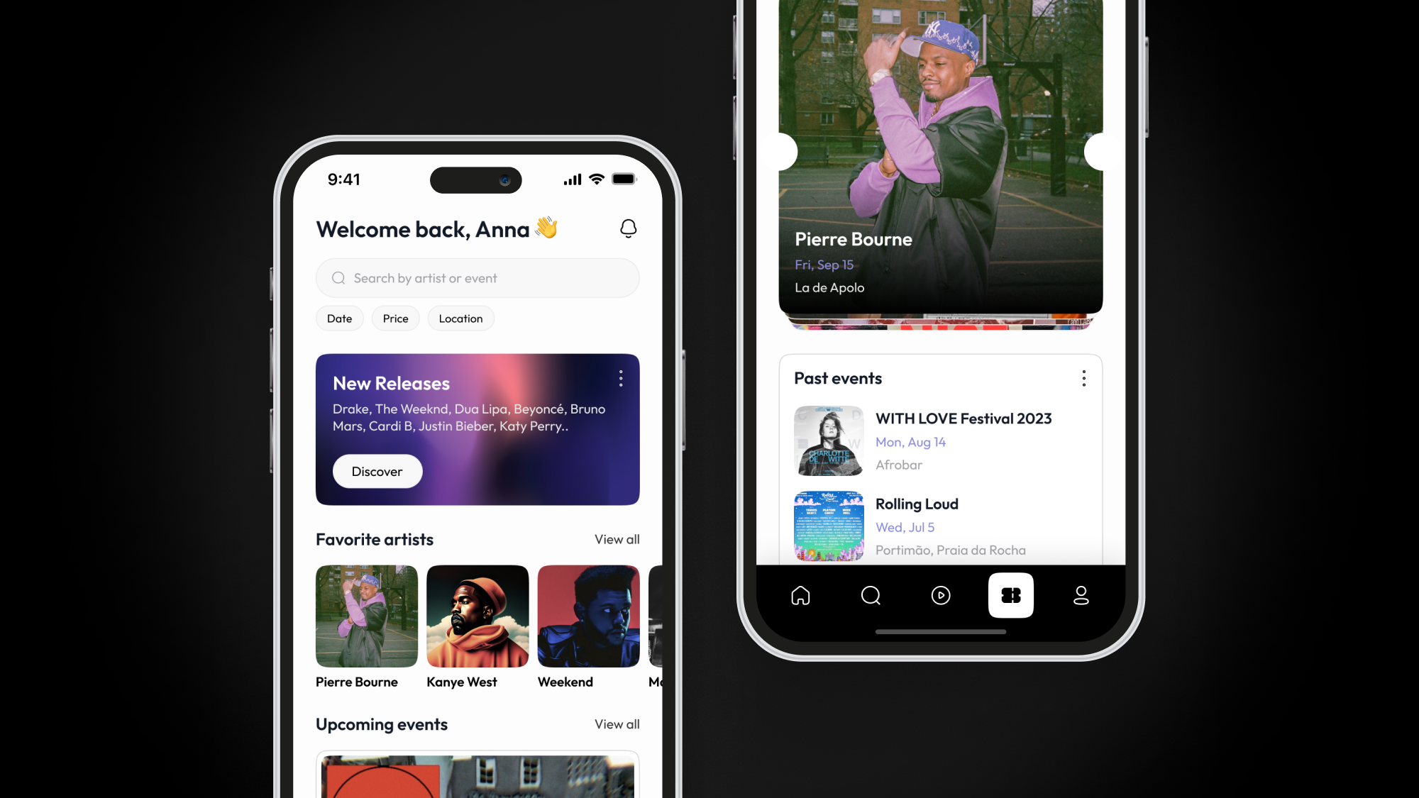 Music discovery and ticketing mobile app app design dark mode design events home screen light mode mobile mobile app music tickets ui uiux ux