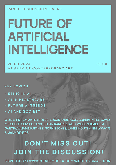 Poster inviting to an artificial intelligence panel discussion ai artificial intelligence design event poster graphic design poster venue poster