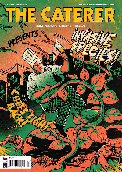 Invasive Species X Cat Sims chef comic art dynamic food and drink magazine cover