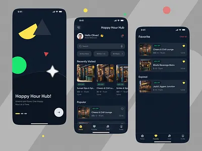 Happy Hour Hub: Your Gateway to Savings & Cheers! dark mode deals app design happy hour mobile mobile app ui ux