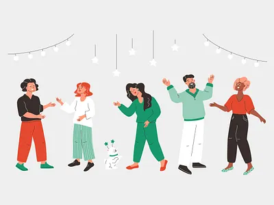 Creative People at Party birthday celebrate character christmas corporate party creative flat design happy home illustration men new year party people puppy star vector women young