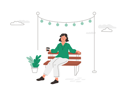 Woman with coffee in park character coffee design illustration landscape outline park people public relax street stylish summer vector woman