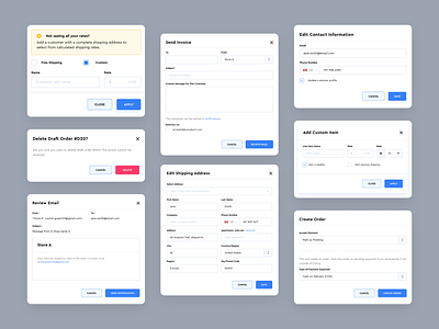 Modal Components of E-commerce App buy products callout card components checkout clean ui create order flow custom items delete order dialog e commerce edit address inventory management popup saas product shopping cart shopping website ui uidesign ux webapp