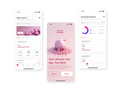 Smart Banking UI Case Study analytics app icon banking design finance fintech home minimal mobile mobile design money online pink sign in ui user interface ux