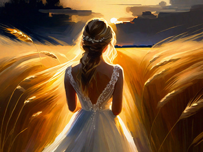 The bride at savanna artwork bride girl graphic design home decor illustration landscape paintings savanna scenery sunset wall art woman