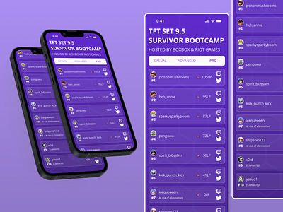 Daily UI #019 - TFT Survivor Bootcamp Leaderboard app dailyui leaderboard league of legends lol mobile product design ranking riot riot games teamfight tactics tft ui