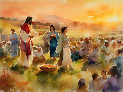 Jesus miraculously feed 5000 people bible bible story catholic christianity design feed 5000 home decor illustration impressionism impressionist jesus miracle paintings wall art watercolor