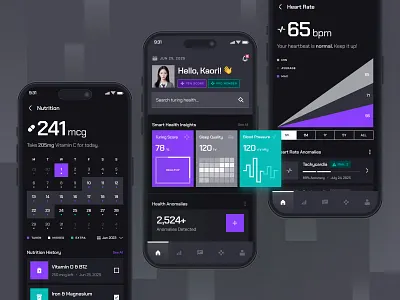 turing UI Kit: AI Health Analytics App | Smart Health UIUX clean dark mode health health analytics health monitoring app health tracker app healthcare healthcare ai healthcare anayltics healthcare app healthcare ui heartrate app medical app minimal nutrition app purple smart health app ui ui kit wellness app