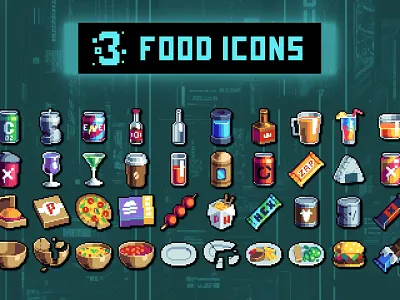 Street Food for Cyberpunk Pixel Art 32×32 Icons 2d 32x32 art asset assets cyberpunk fantasy food game game assets gamedev icon icone icons indie indie game pixel pixelart retro rpg
