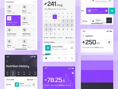 turing UI Kit: AI Healthcare Analytics App | Health Metrics UIUX clean diet app fitness app health analysis health analytics health monitoring app health tracker app healthcare healthcare ai healthcare ai app hydration medication app minimal mobile app nutrition app purple teal ui ui kit virtual care