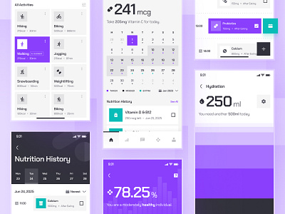 turing UI Kit: AI Healthcare Analytics App | Health Metrics UIUX clean diet app fitness app health analysis health analytics health monitoring app health tracker app healthcare healthcare ai healthcare ai app hydration medication app minimal mobile app nutrition app purple teal ui ui kit virtual care