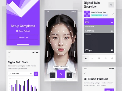 turing UI Kit: AI Health Analytics App | Virtual Digital Twin blood pressure clean digital twin health analysis health analytics health app health data healthcare healthcare ai healthcare app healthcare ui minimal predictive health purple scan ui ui ui kit virtual assistant virtual care virtual twin