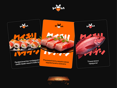 SuSheff advantages branding cards dark food illustrations orange sushi ui