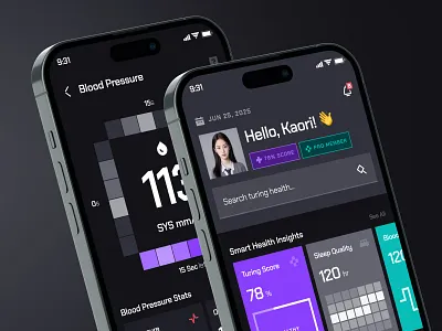 turing UI Kit: AI Health Analytics App | Smart Health Metrics blood pressure clean dark mode health analytics health anomaly health monitoring health tracker health tracker app healthcare ai healthcare ai app healthcare analytics healthcare app healthcare ui heatlh analysis minimal mobile app predictive health purple ui ui kit