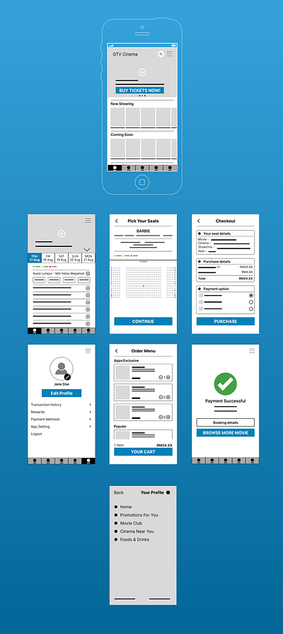 Movie Theater Mobile App - Wireframe design figma malaysia mobile app movie ui ux wireframe